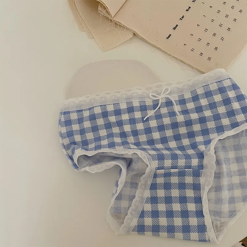 学生用 綿 スイート チェック柄 レース 切り替え リボン 肌触りいい スタンダードショーツ