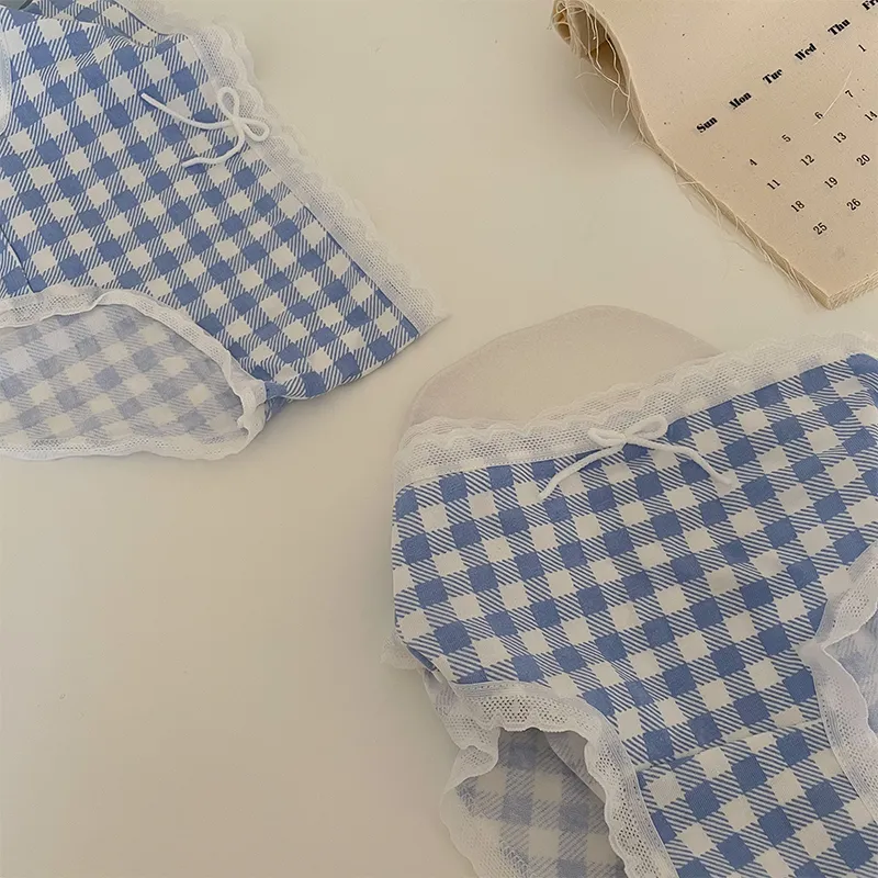 学生用 綿 スイート チェック柄 レース 切り替え リボン 肌触りいい スタンダードショーツ