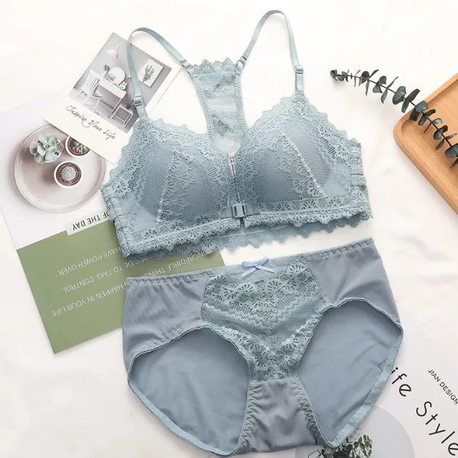 フェミニン A-Bカップ レトロ レース フロントホック 美背 美谷間 ノンワイヤー ブラ・ショーツセット