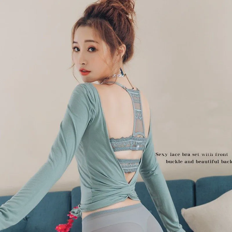 フェミニン A-Bカップ レトロ レース フロントホック 美背 美谷間 ノンワイヤー ブラ・ショーツセット