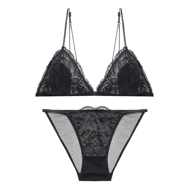 フランス式 エロカワ ノンワイヤー A-Cカップ フロントホック レース 美胸 透け感 ブラ・ショーツセット