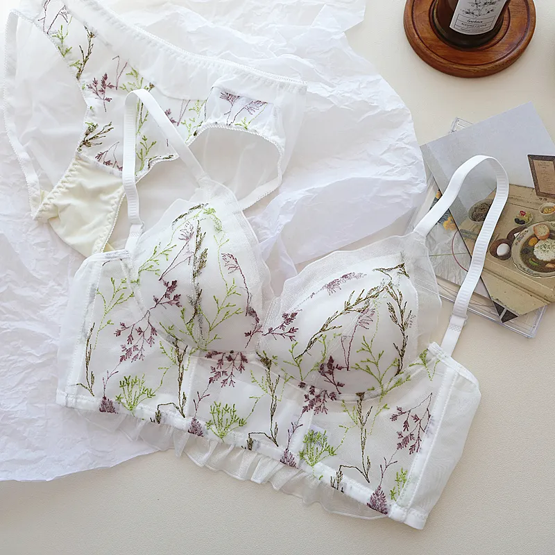 スウィート 刺繡 メッシュ 薄手 背中魅せ ノンワイヤー フリル A-Bカップ 美胸 ブラ・ショーツセット