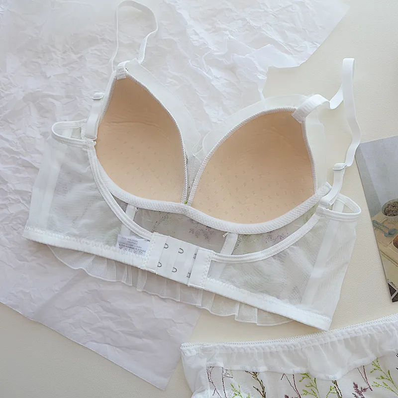 スウィート 刺繡 メッシュ 薄手 背中魅せ ノンワイヤー フリル A-Bカップ 美胸 ブラ・ショーツセット