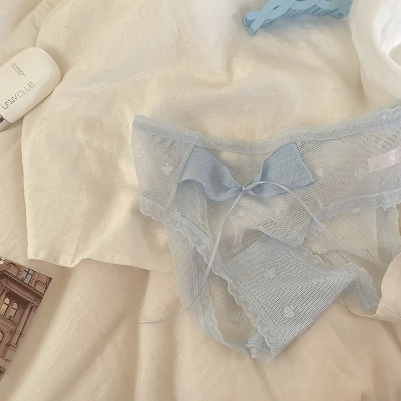 少女っぽい リボン 透け感 メッシュ 通気性良い レース 切り替え スタンダードショーツ