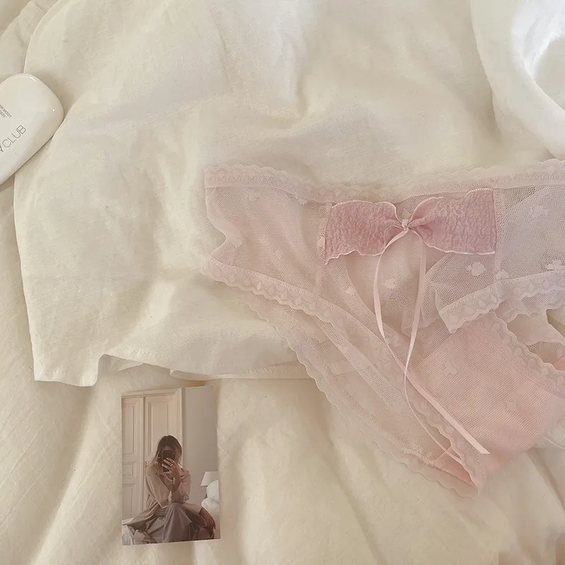 少女っぽい リボン 透け感 メッシュ 通気性良い レース 切り替え スタンダードショーツ