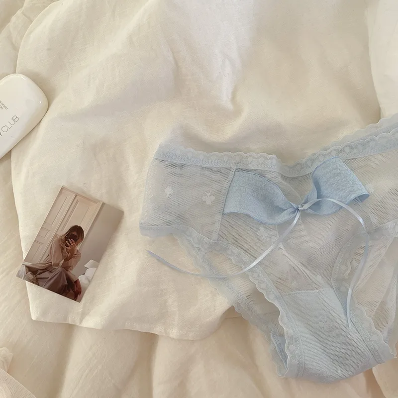 少女っぽい リボン 透け感 メッシュ 通気性良い レース 切り替え スタンダードショーツ