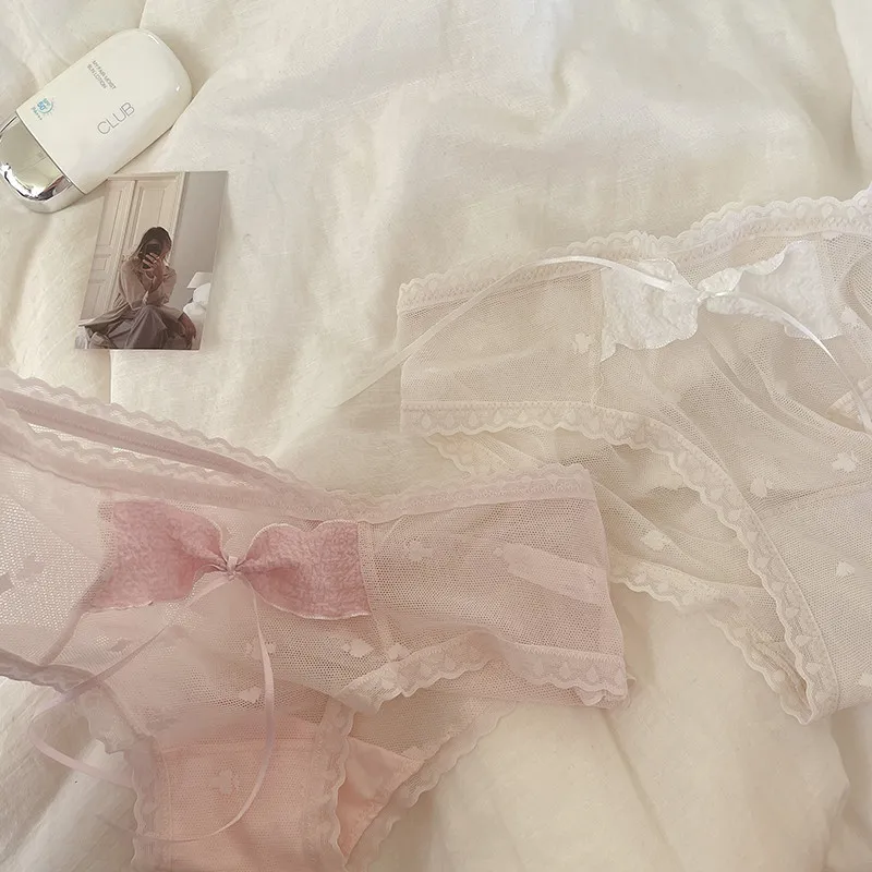 少女っぽい リボン 透け感 メッシュ 通気性良い レース 切り替え スタンダードショーツ