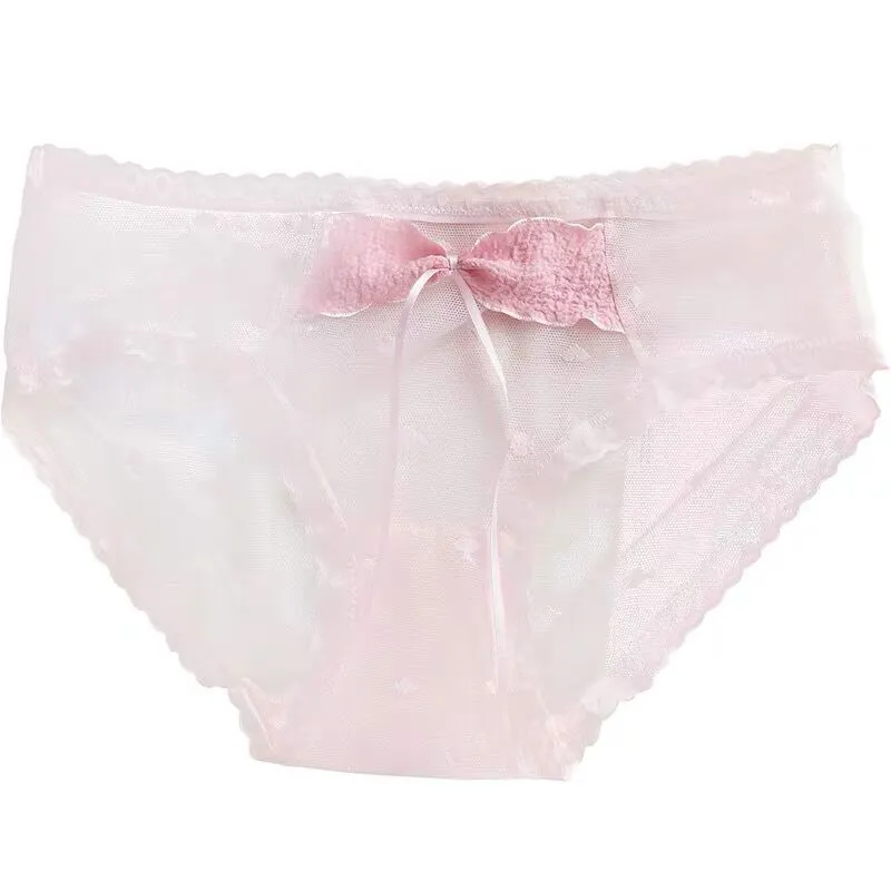 少女っぽい リボン 透け感 メッシュ 通気性良い レース 切り替え スタンダードショーツ