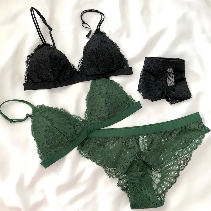 フランス系 レース ノンワイヤー 無地 A-Cカップ トライアングルカップ 薄手 ブラ・ショーツセット