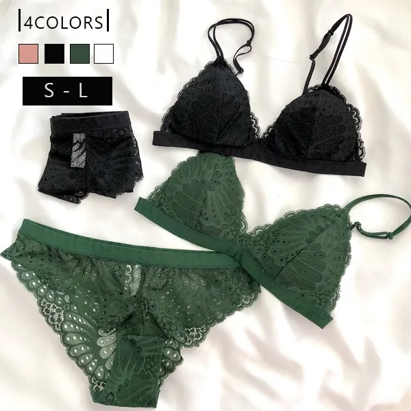 フランス系 レース ノンワイヤー 無地 A-Cカップ トライアングルカップ 薄手 ブラ・ショーツセット