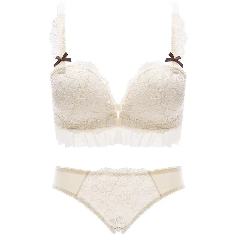 楽盛り フロントホック 谷間メイク レース 切り替え A-Bカップ ノンワイヤー 胸大きく見え リボン ブラ・ショーツセット