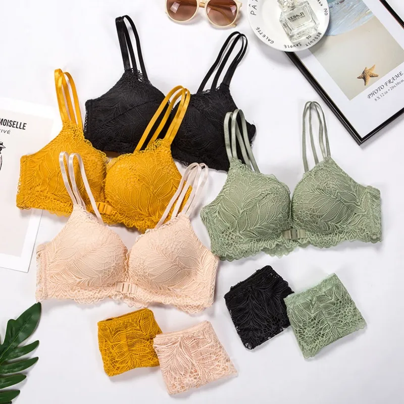 フェミニン フロントホック レース 盛り谷間 A-Bカップ 脇高 ノンワイヤー 胸大きく見え ブラ・ショーツセット