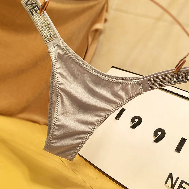 セクシー ヒョウ柄 ラインストーン 切り替え シルク 無地 柔らかい  美尻 Ｔバック・タンガ