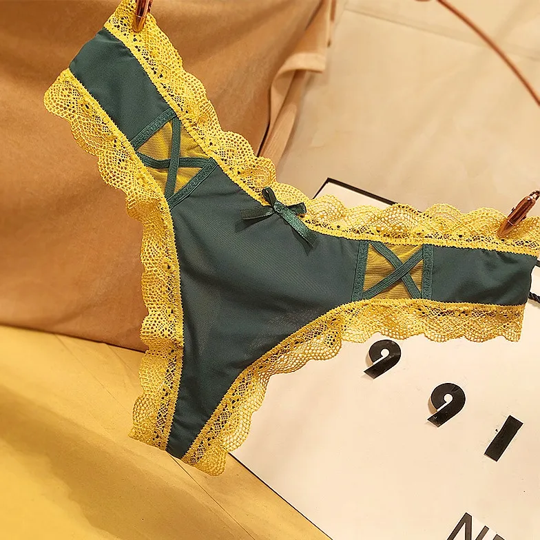 おしゃれ レース 切り替え リボン付き 配色 ローウエスト シームレス Ｔバック・タンガ