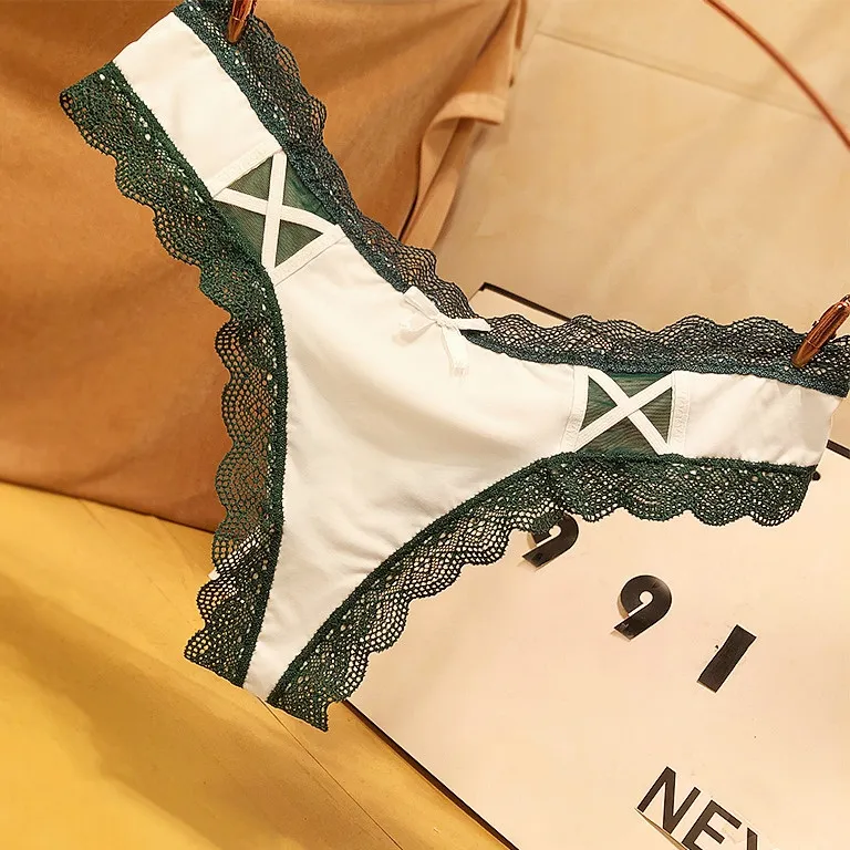 おしゃれ レース 切り替え リボン付き 配色 ローウエスト シームレス Ｔバック・タンガ