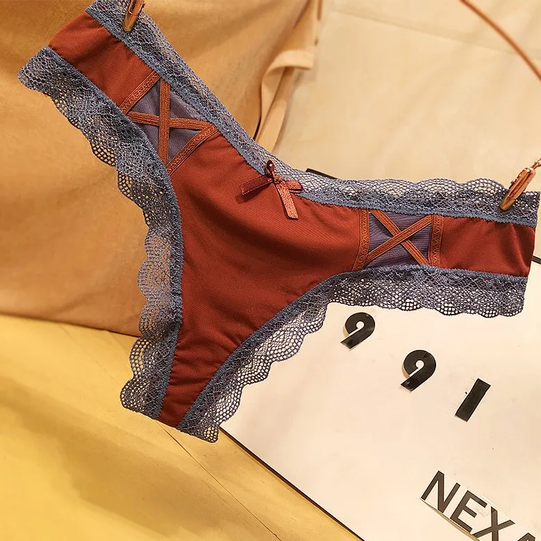 おしゃれ レース 切り替え リボン付き 配色 ローウエスト シームレス Ｔバック・タンガ