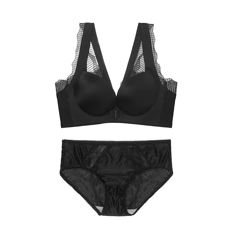 離れ乳改善 フロントホック A-Bカップ ノンワイヤー 楽ちん レース 切り替え ブラ・ショーツセット