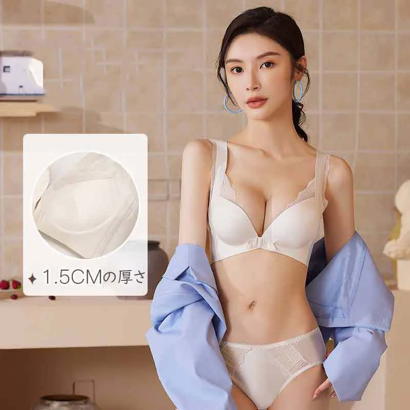 離れ乳改善 フロントホック A-Bカップ ノンワイヤー 楽ちん レース 切り替え ブラ・ショーツセット