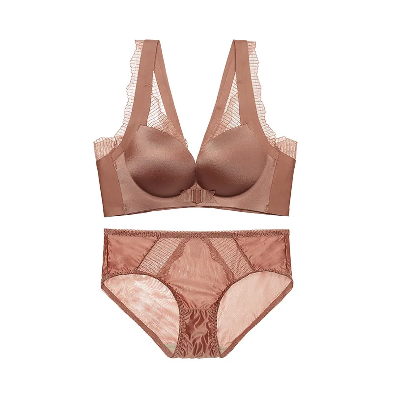 離れ乳改善 フロントホック A-Bカップ ノンワイヤー 楽ちん レース 切り替え ブラ・ショーツセット
