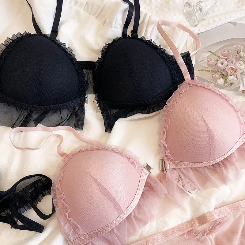 フロントホック 三角カップ フリル ノンワイヤー A-Cカップ 可愛い ハミ肉ゼロ ブラ・ショーツセット