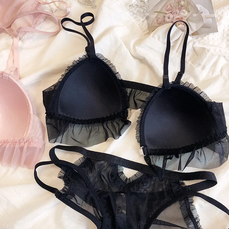 フロントホック 三角カップ フリル ノンワイヤー A-Cカップ 可愛い ハミ肉ゼロ ブラ・ショーツセット