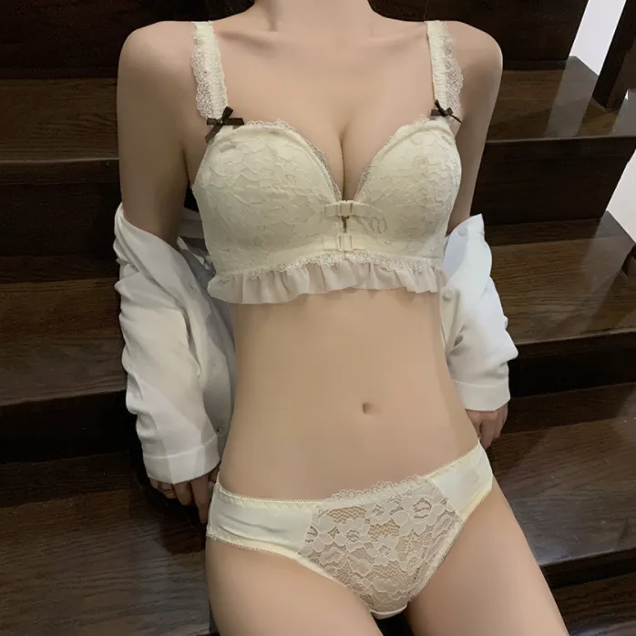 スウィート 貧乳  胸大きく見え レース リボン付き ノンワイヤー A-Bカップ 脇高 フロントホック ブラ・ショーツセット