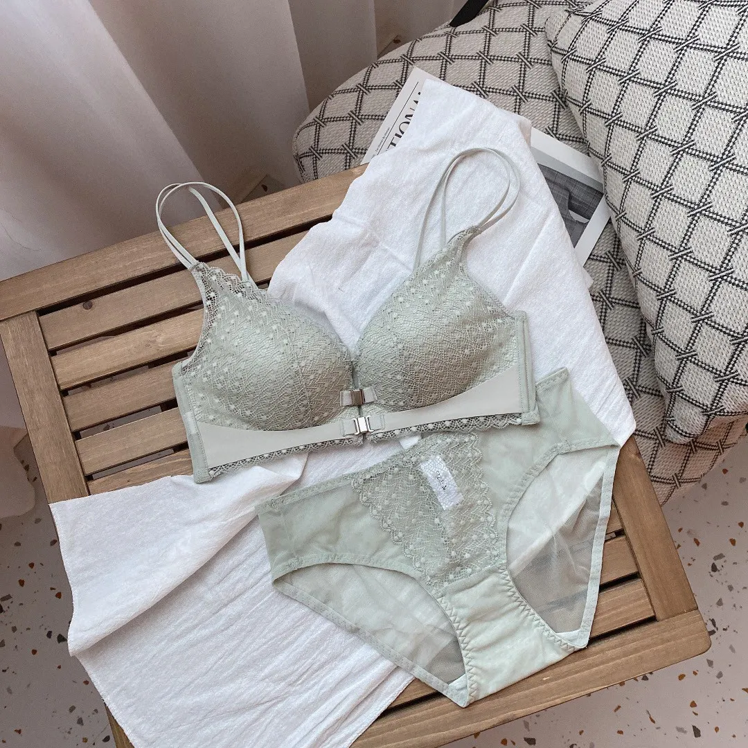 おしゃれ フロントホック ノンワイヤー A-Bカップ ハミ肉ゼロ レース ブラ・ショーツセット