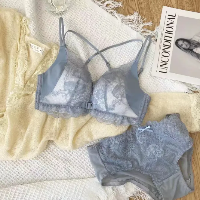 スウィート レース フロントホック B-Cカップ ノンワイヤー 背中魅せ リボン付き ブラ・ショーツセット