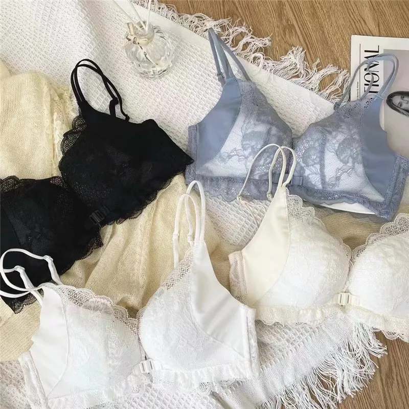 スウィート レース フロントホック B-Cカップ ノンワイヤー 背中魅せ リボン付き ブラ・ショーツセット