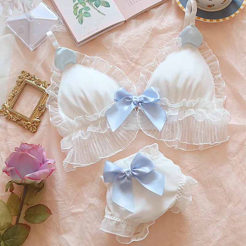 可愛いネコ スウィート リボン 単品販売可能 A-Cカップ ノンワイヤー 着心地良い ブラ・ショーツセット