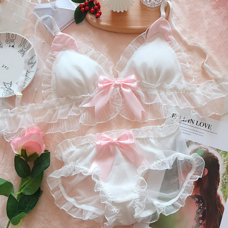 可愛いネコ スウィート リボン 単品販売可能 A-Cカップ ノンワイヤー 着心地良い ブラ・ショーツセット