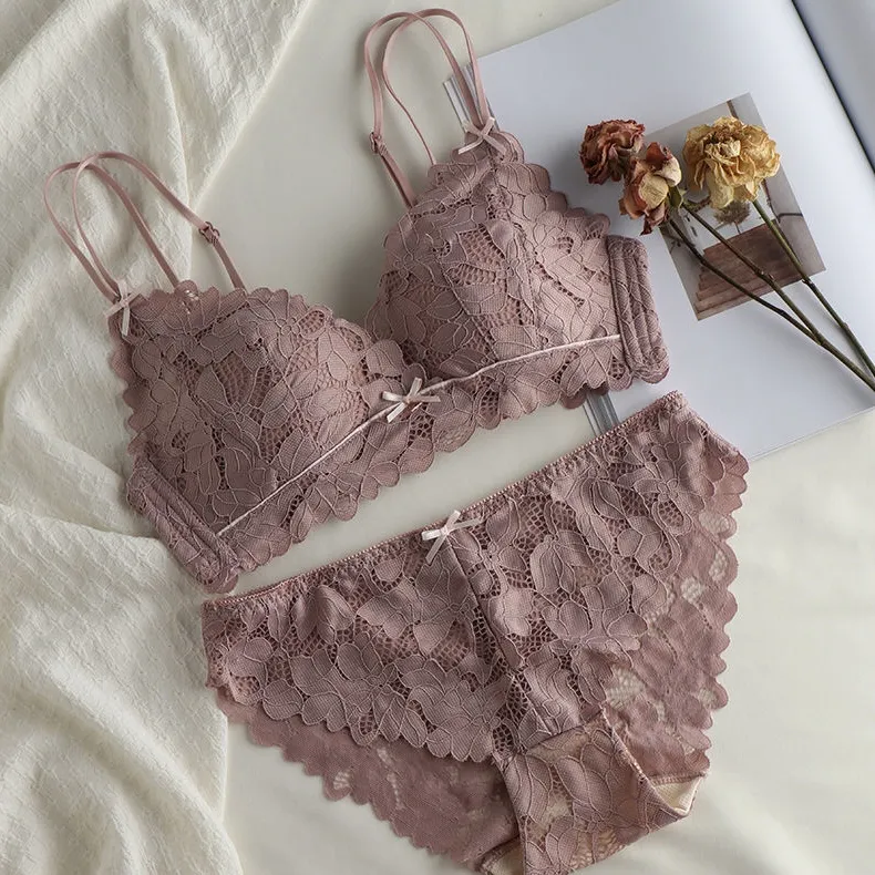 花柄美胸 脇肉キャッチャー ノンワイヤー A-Cカップ レース リボン 脇高 可愛い ブラ・ショーツセット