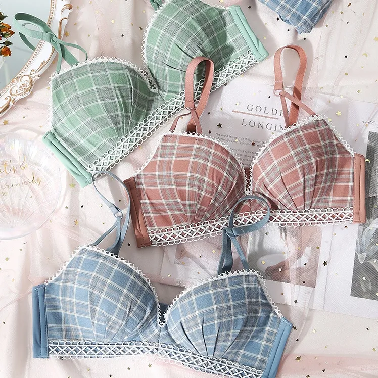 スウィート 学園風  A-Bカップ  チェック柄 レース シームレス ノンワイヤー ブラ・ショーツセット