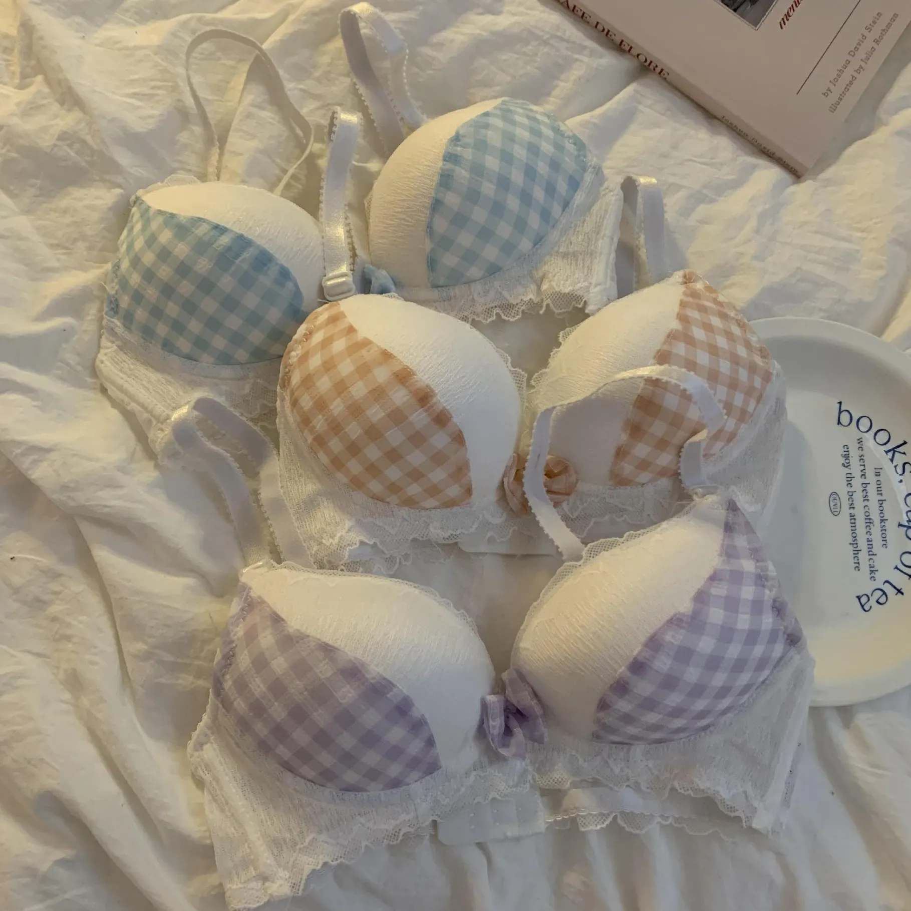 人気高い 可愛い A-Bカップ  チェック柄 ノンワイヤー 学生 盛れる 配色 リボン 切り替え ブラ・ショーツセット