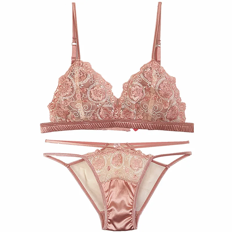 刺繡花柄 贅沢 ノンワイヤー A-Cカップ レース メッシュ フランス式 三角カップ ブラ・ショーツセット