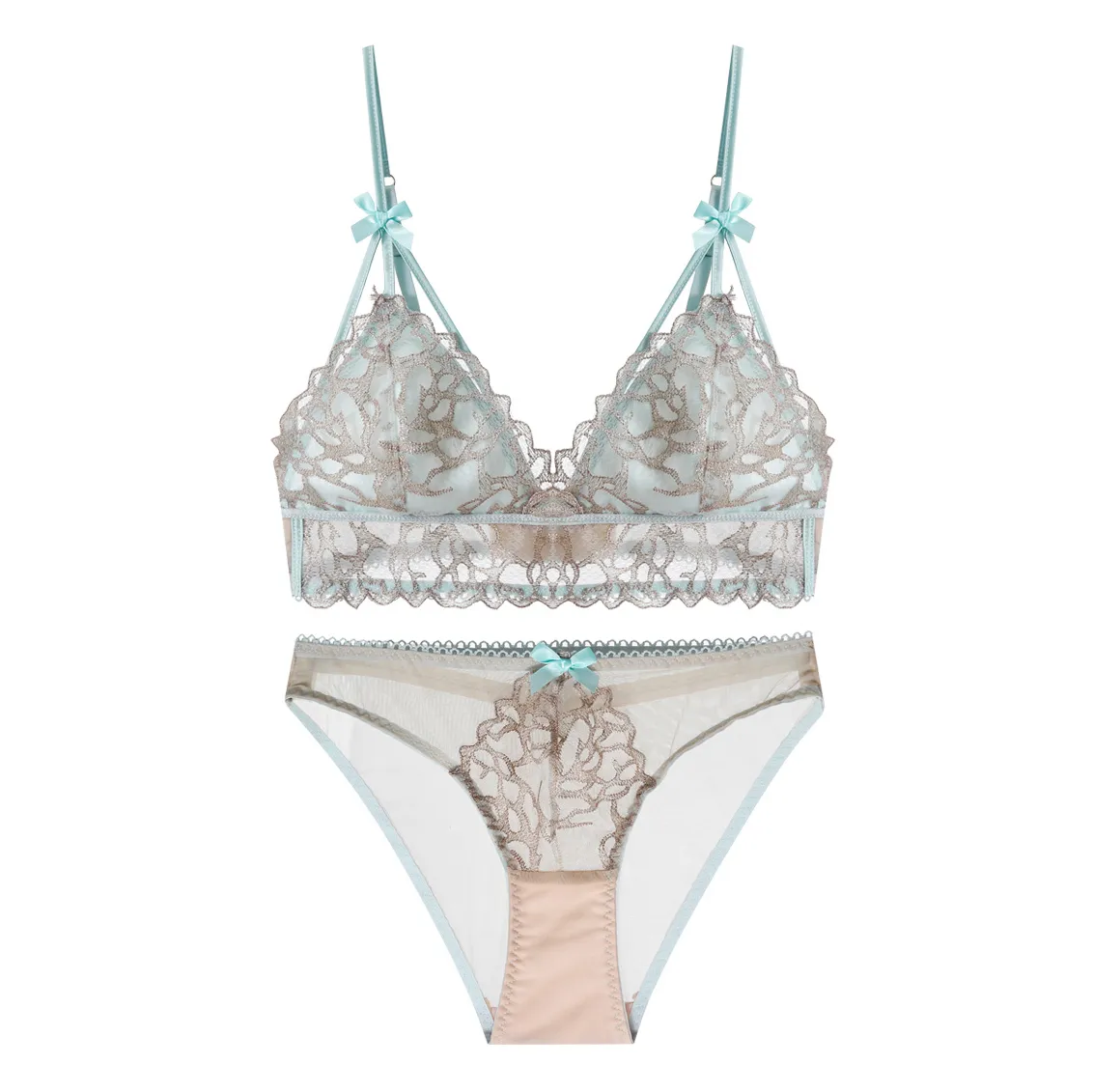 締め付け感ゼロ フランス式 レース A-Cカップ ノンワイヤー 刺繡 高通気性 ブラ・ショーツセット