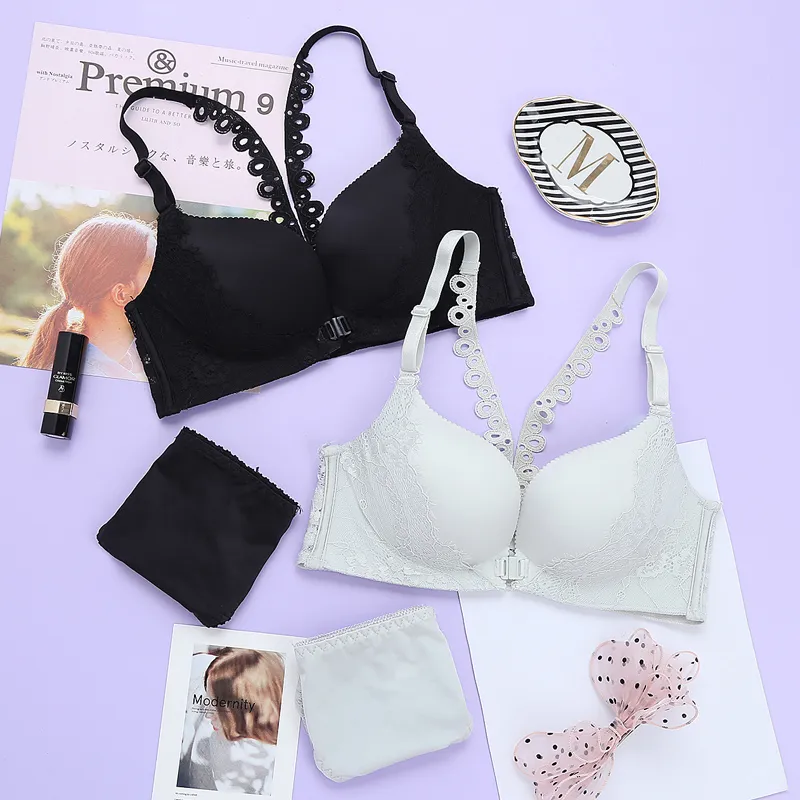 フロントホック A-Cカップ  フェミニン レース バストアップ ノンワイヤー ブラ・ショーツセット