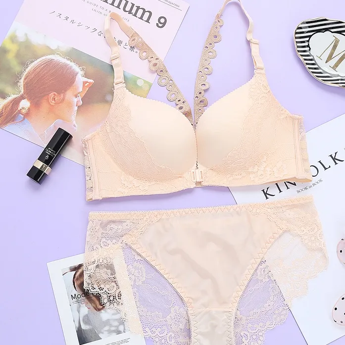 フロントホック A-Cカップ  フェミニン レース バストアップ ノンワイヤー ブラ・ショーツセット