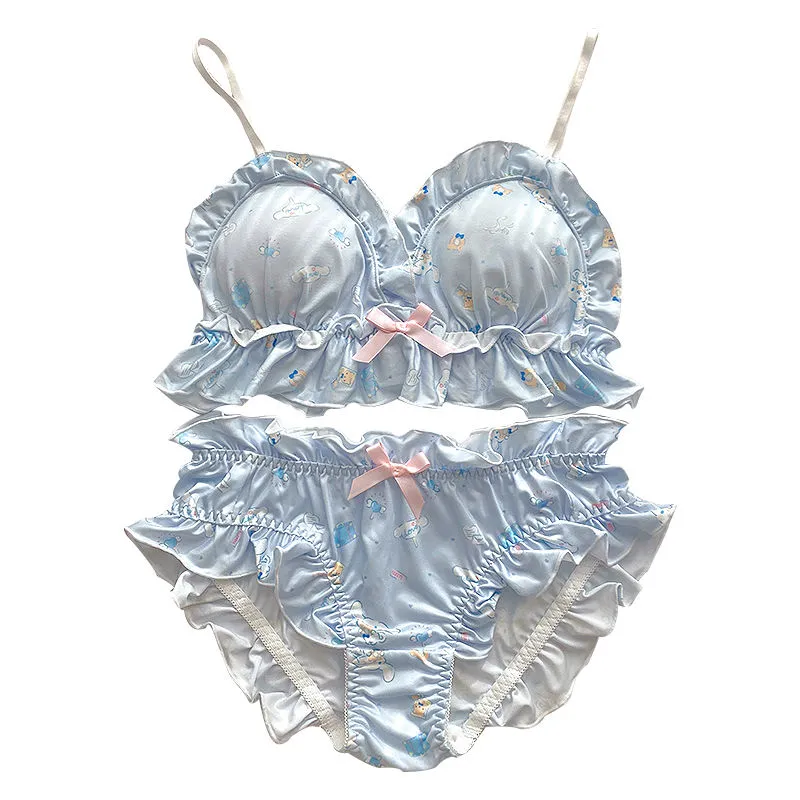 【カップル】無敵な可愛さ ノンワイヤー A-Cカップ ショーツ2点 プリント フリル ブラ・ショーツセット