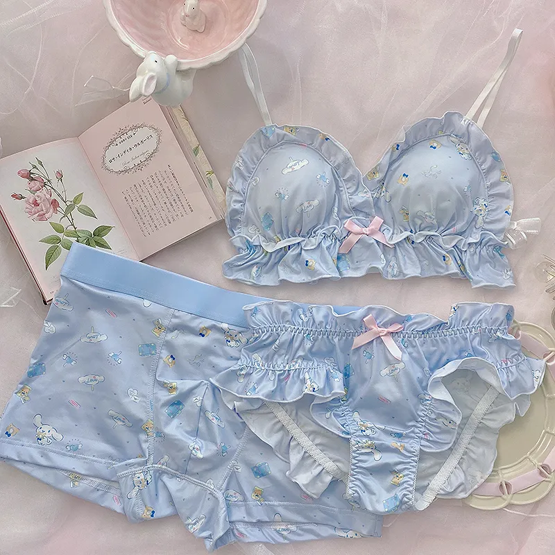 【カップル】無敵な可愛さ ノンワイヤー A-Cカップ ショーツ2点 プリント フリル ブラ・ショーツセット