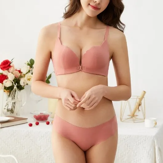 シームレス フロントホック セクシー シンプル A-Bカップ ノンワイヤー ブラ・ショーツセット