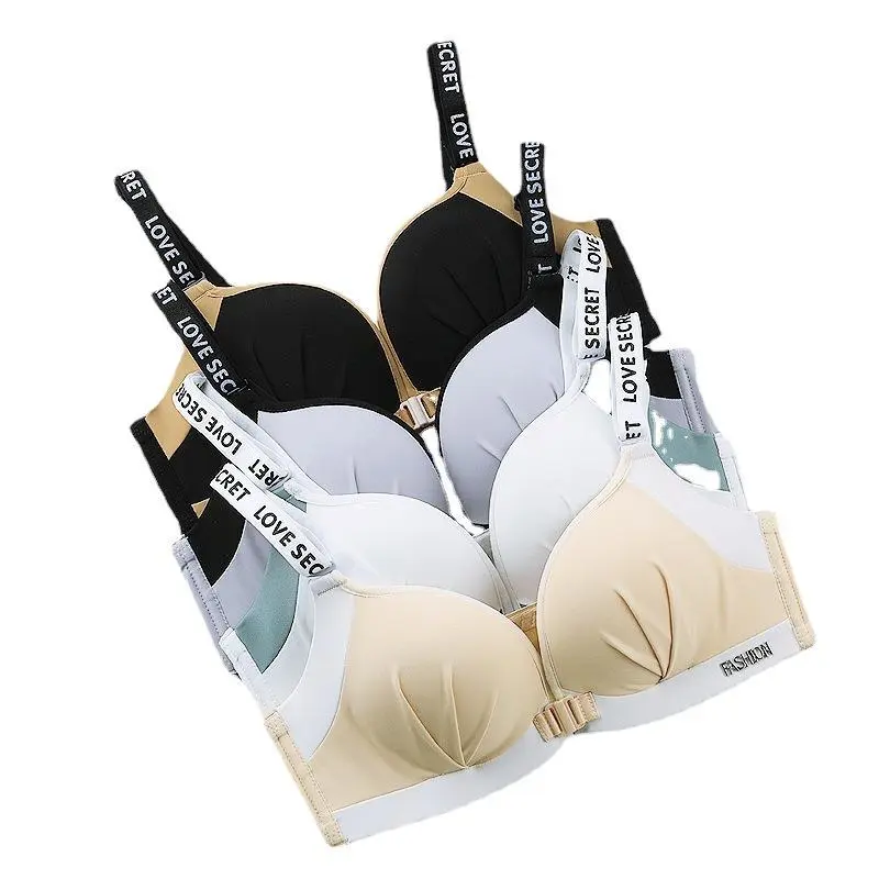 フロントホック 配色 アルファベット 盛り谷間 ノンワイヤー A-Bカップ 美胸 ブラ・ショーツセット