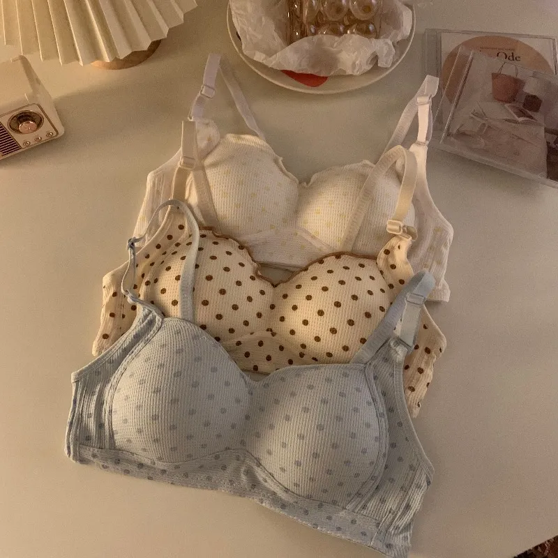 単品販売可能 締め付け感ゼロ 可愛い ドット柄 オシャレ A-Bカップ ノンワイヤー ブラ・ショーツセット