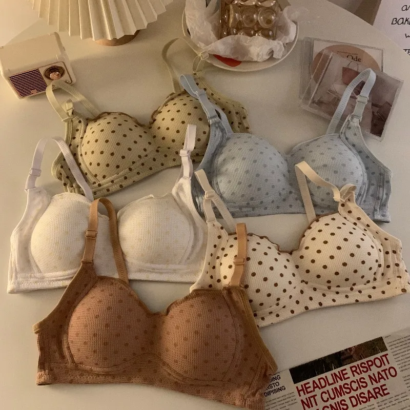 単品販売可能 締め付け感ゼロ 可愛い ドット柄 オシャレ A-Bカップ ノンワイヤー ブラ・ショーツセット