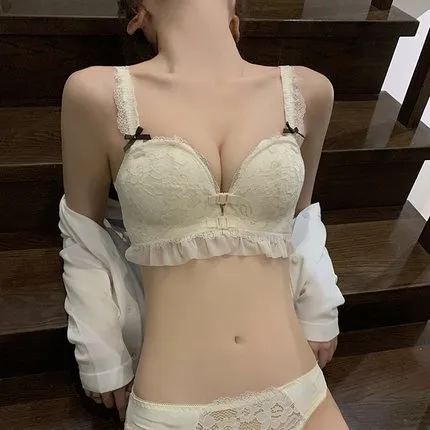 フロントホックレース ノンワイヤー A-Bカップ 谷間美人 ボリュームアップ ブラ・ショーツセット