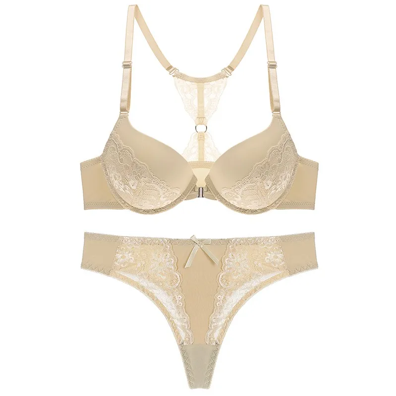 フロントホック リボン付き レース 切り替え B-Cカップ 背中魅せ ワイヤー入り ブラ・ショーツセット