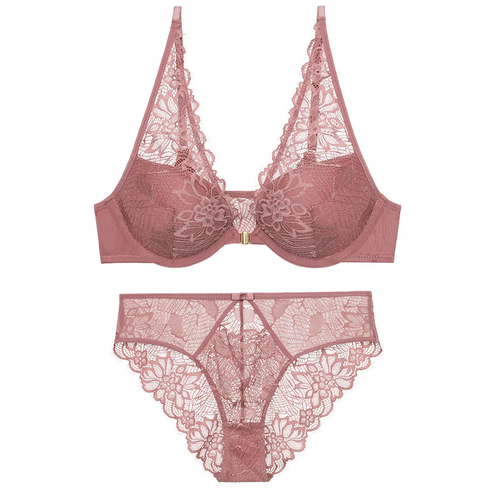 フェミニン フロントホック セクシー ワイヤー入り A-Dカップ 透かし彫り ブラ・ショーツセット