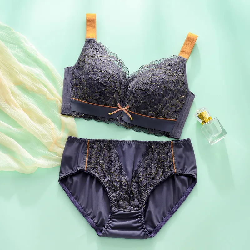 5色展開 薄い レース 蒸れない B-Eカップ 着心地良い ノンワイヤー  配色 リボン ブラ・ショーツセット