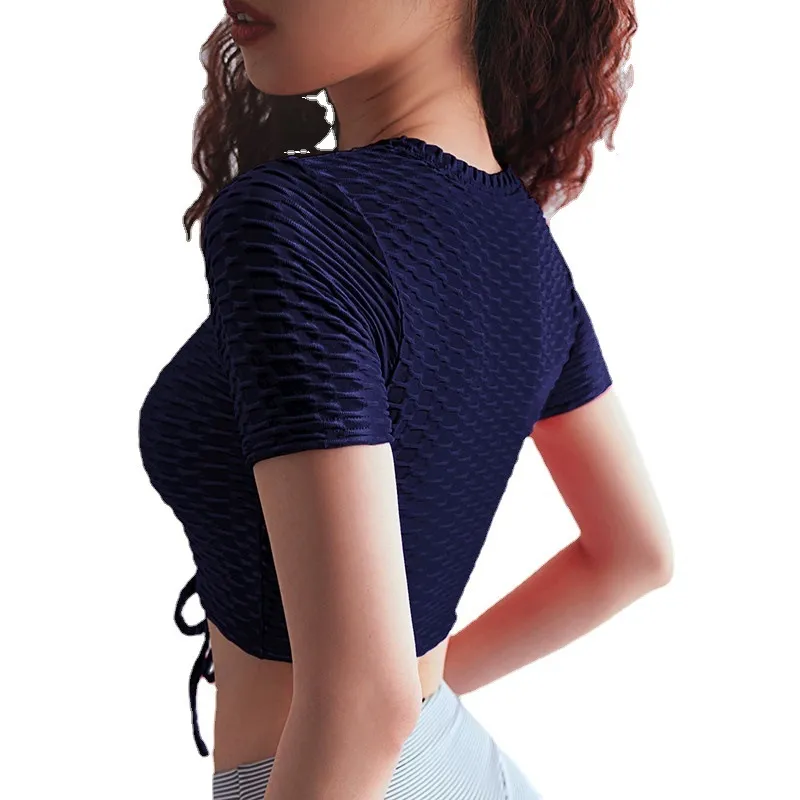 個性的なデザイン 無地 スポーツ ギャザー飾り ボウタイ Vネック ヨガ トップス