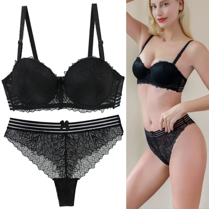 セクシー欧米風 谷間メイク 盛り レース 切り替え B-Eカップ 6色展開 ワイヤー入り 中心に寄せ ブラ・ショーツセット